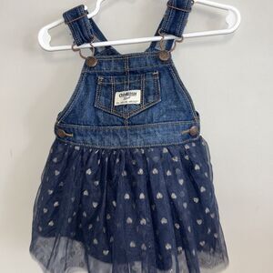 OshKosh B'Gosh 6 Month Girls Denim Navy Blue Overalls Dress Tulle Silver Hearts